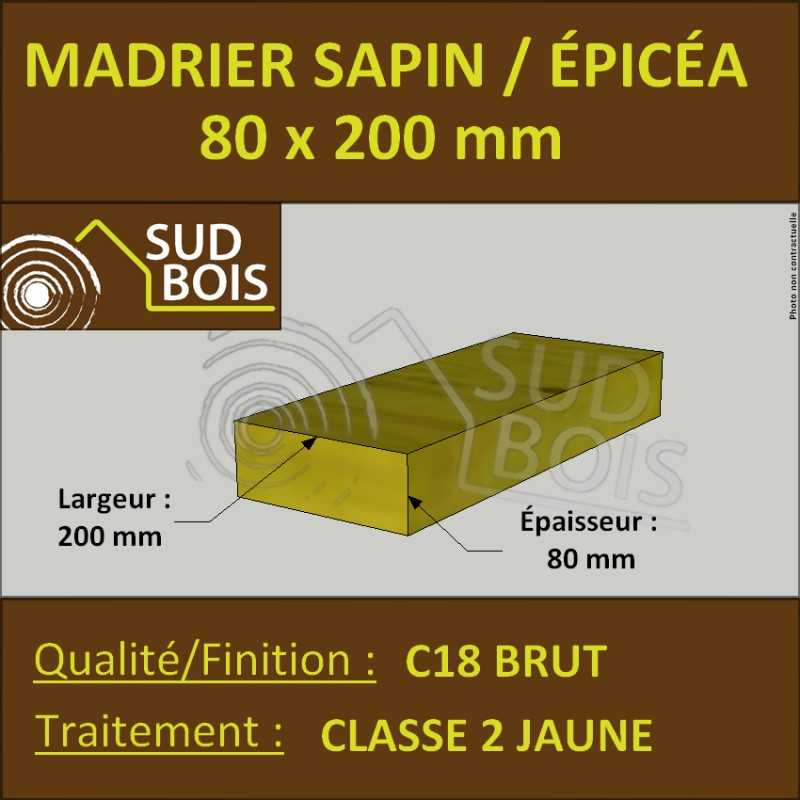 Madrier 80x200 Sapin / Épicéa Traité Classe 2 Jaune ( à la palette)