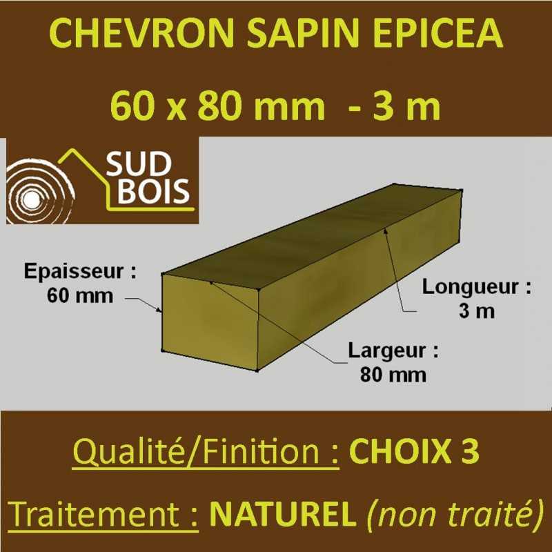 Palette de 140 Chevrons 60x80mm Sapin Choix 3 Naturel Brut 3M
