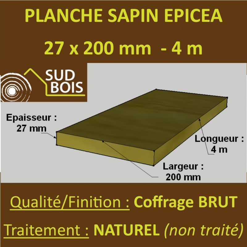 Planche Calibrée 27x200mm Sapin / Épicéa Brut Naturel Qualité Coffrage 4M 2