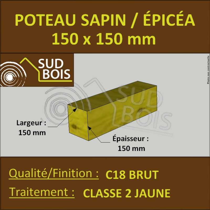 Poteau 150x150 Sapin/Épicéa Classe 2 Jaune 3m (à la palette)